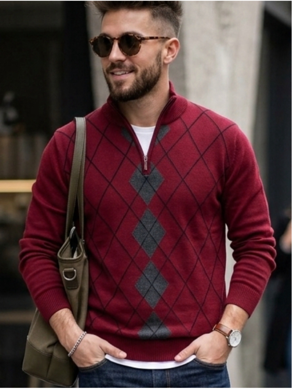 Vintage IZOD Burgundy Argyle 1/4 Zip Sweater Academic Grandpacore Knit L 1666